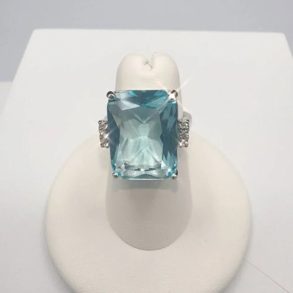 Aquamarine CZ Cocktail Ring With Silver Tone Brass Band Size 5 - Picture 10 of 11